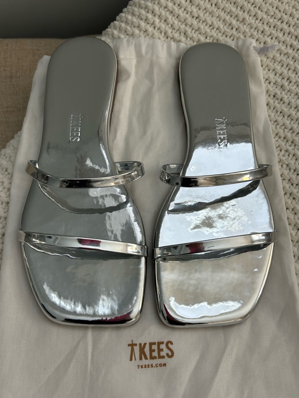 TKEES Silver Patent Double-Strap Slide Sandals